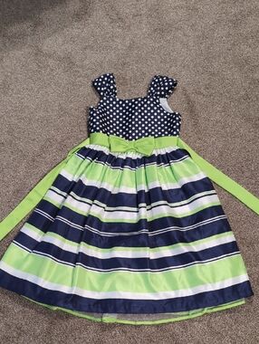 Girls Navy Polka Dot & Lime Stripe Party Dress with Bow